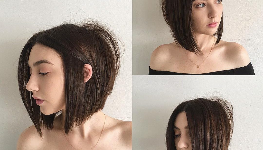 Sexy Blunt Razor Cut Bob with Center Part and Brunette Color Medium Length Hairstyle