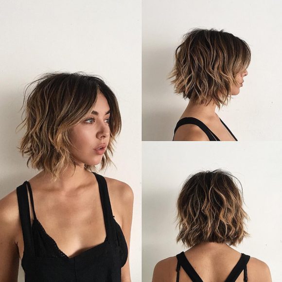 Sexy Layered Bob with Curtain Bangs and Undone Wavy Texture with Balayage Short Hairstyle