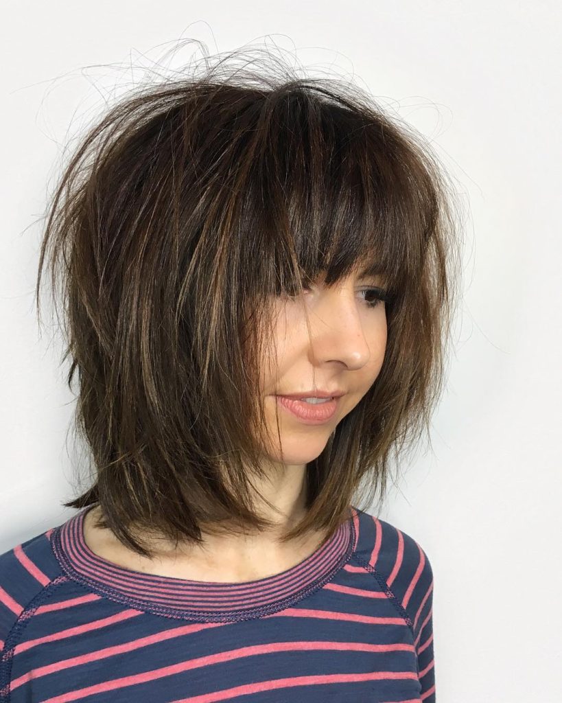 Shaggy Brunette Bob with Fringe Bangs and Straight Undone Texture Medium Length Hairstyle