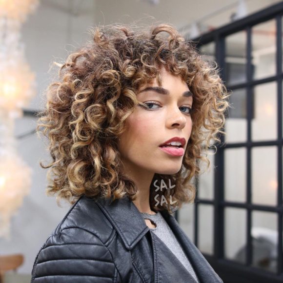 Shaggy Curly Fro with Bangs and Brunette Ombre Color - The Latest ...