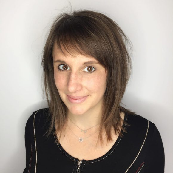 Shaggy Layered Lob with Side Swept Bangs and Brown Coloring