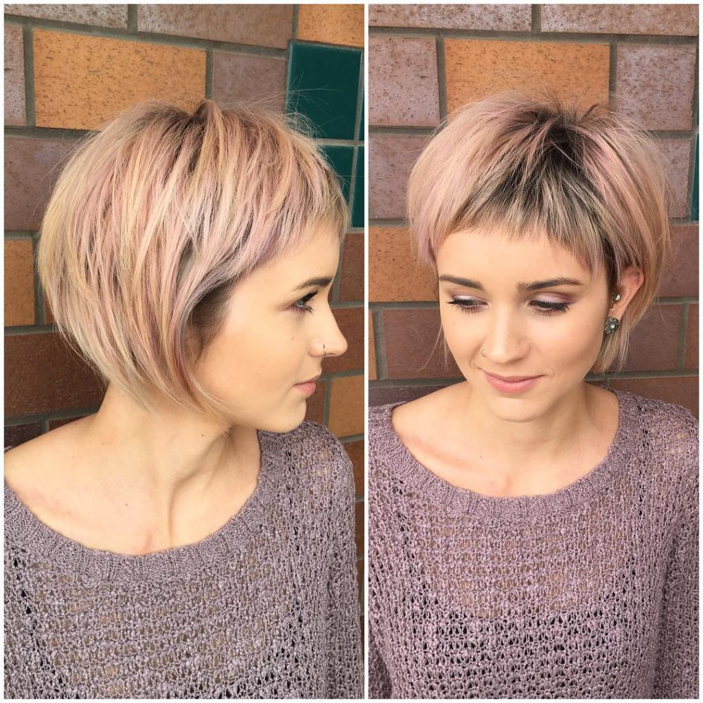 Shaggy Rose Gold Bob with Micro Fringe Bangs and Blonde Highlights Short Hairstyle
