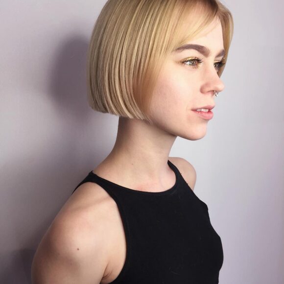 Short Blonde Blunt Bob with Parted Bangs