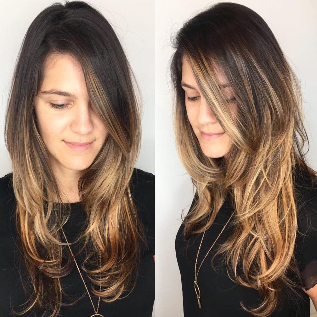 Side Parted Shaggy Razor Cut with Face Framing Layers and Brunette Balayage Long Hairstyle