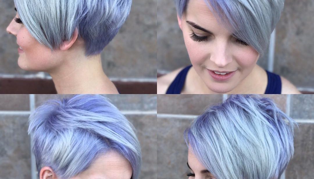 Silver Asymmetrical Pixie with Side Swept Bangs and Purple Shadow Roots Short Hairstyle