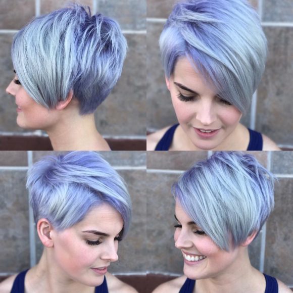 Silver Asymmetrical Pixie with Side Swept Bangs and Purple Shadow Roots Short Hairstyle