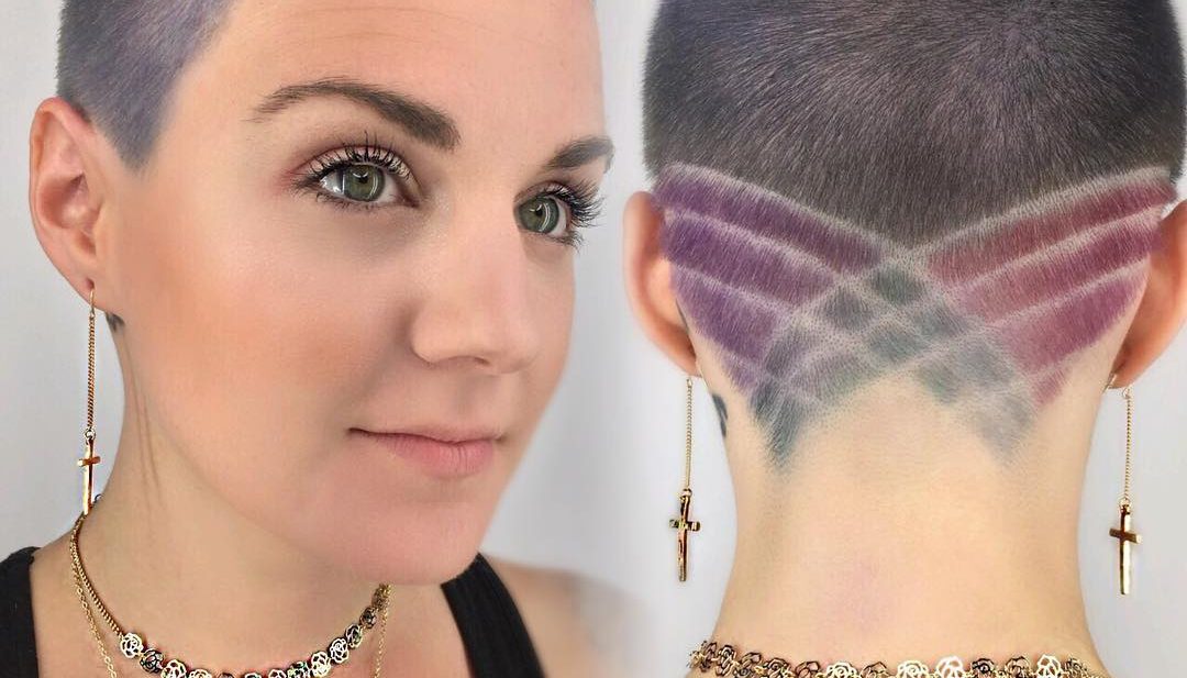 Silver Buzz Cut with Pastel Colored Shave Art and Lines Short Hairstyle