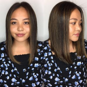 Sleek Angled Lob with Center Part and Caramel Highlights on Dark Hair Medium Length Hairstyle