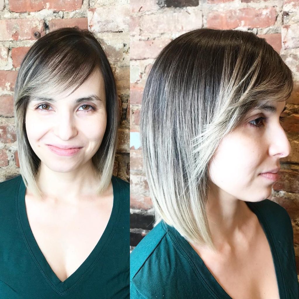 Sleek Classic Bob with Flipped Side Swept Bangs and Ash Brown to Blonde Color Melt Medium Length Hairstyle