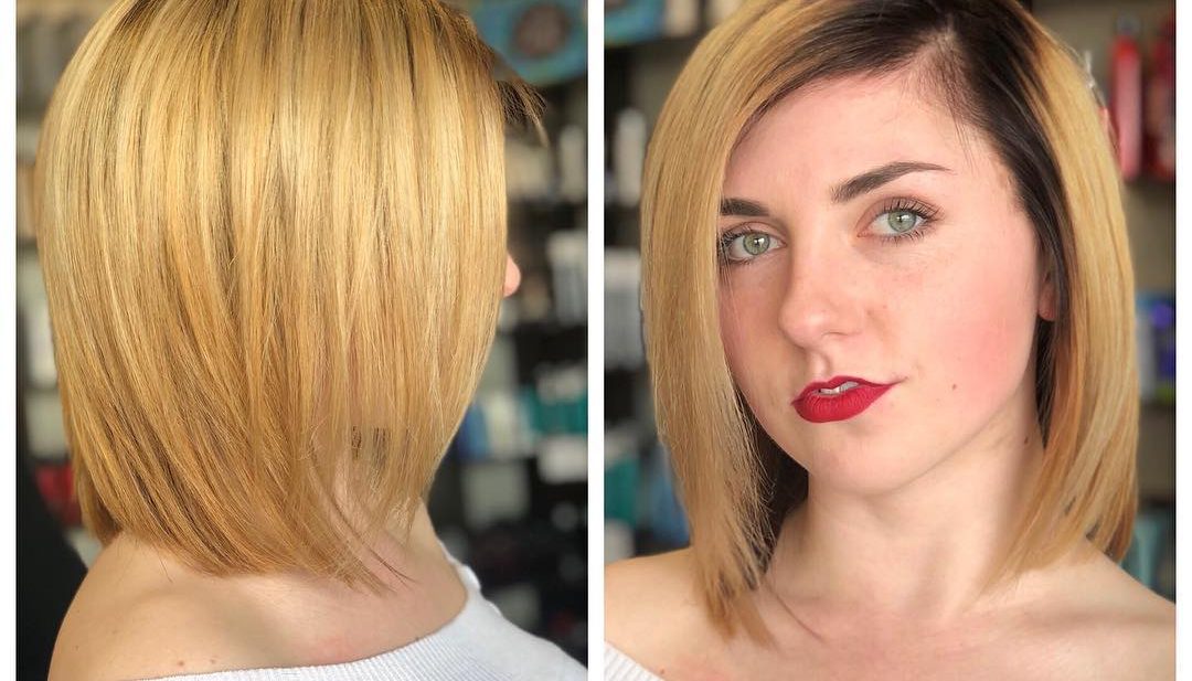 Sleek Golden Blonde Bob with Soft Layers and Brunette Shadow Roots Medium Length Hairstyle