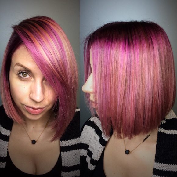 Sleek Peachy Pink Highlighted Bob with Side Swept Bangs