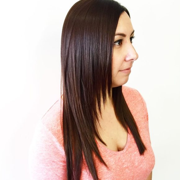 Sleek Razor Cut Layered Hair with Warm Brunette Color