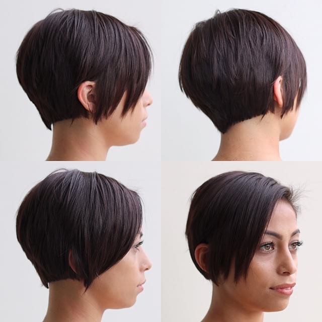 Slightly Graduated Side Swept Pixie with Clean Lines and Warm Brunette Color Short Hairstyle