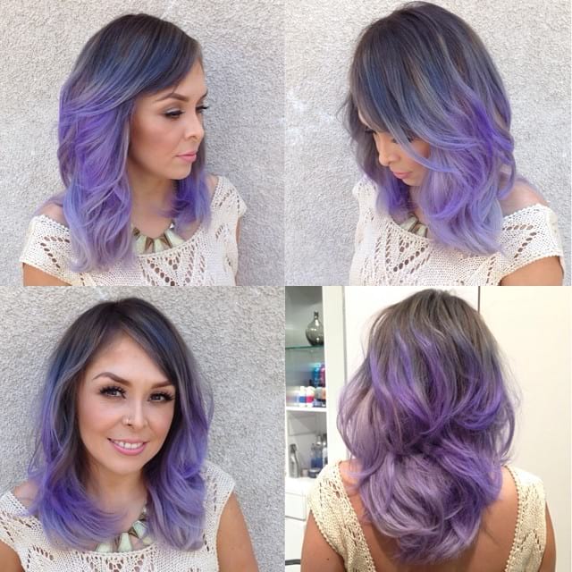 Smoky Lavender Ombre on Lob with Razor Cut Layers and Blowout Texture Medium Length Hairstyle