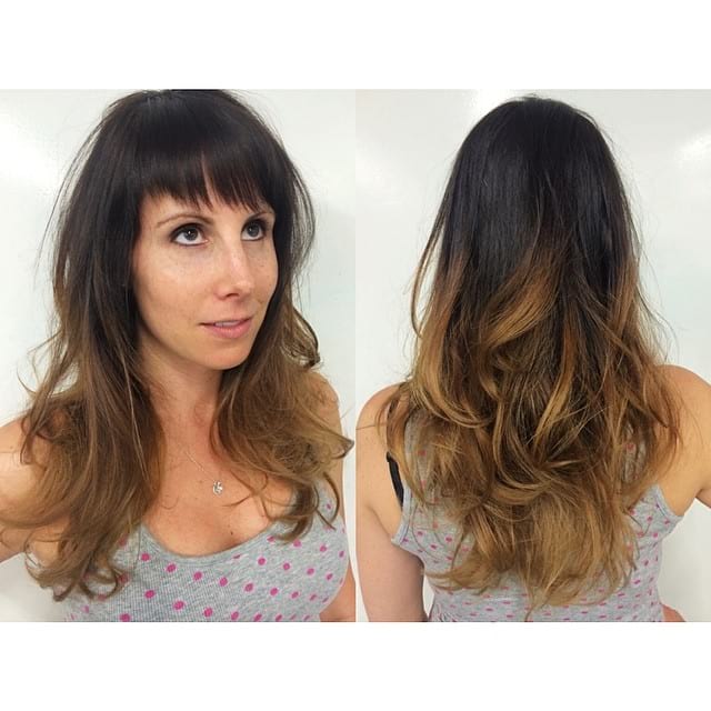 Soft Blowout Waves on Layered Razor Cut with Fringe Bangs and Brunette Ombre Long Hairstyle