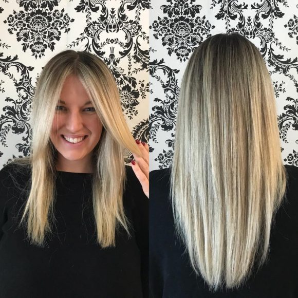 Soft Layered Cut with Straight Texture and Long Curtain Bangs on Blonde Balayage Highlighted Hair