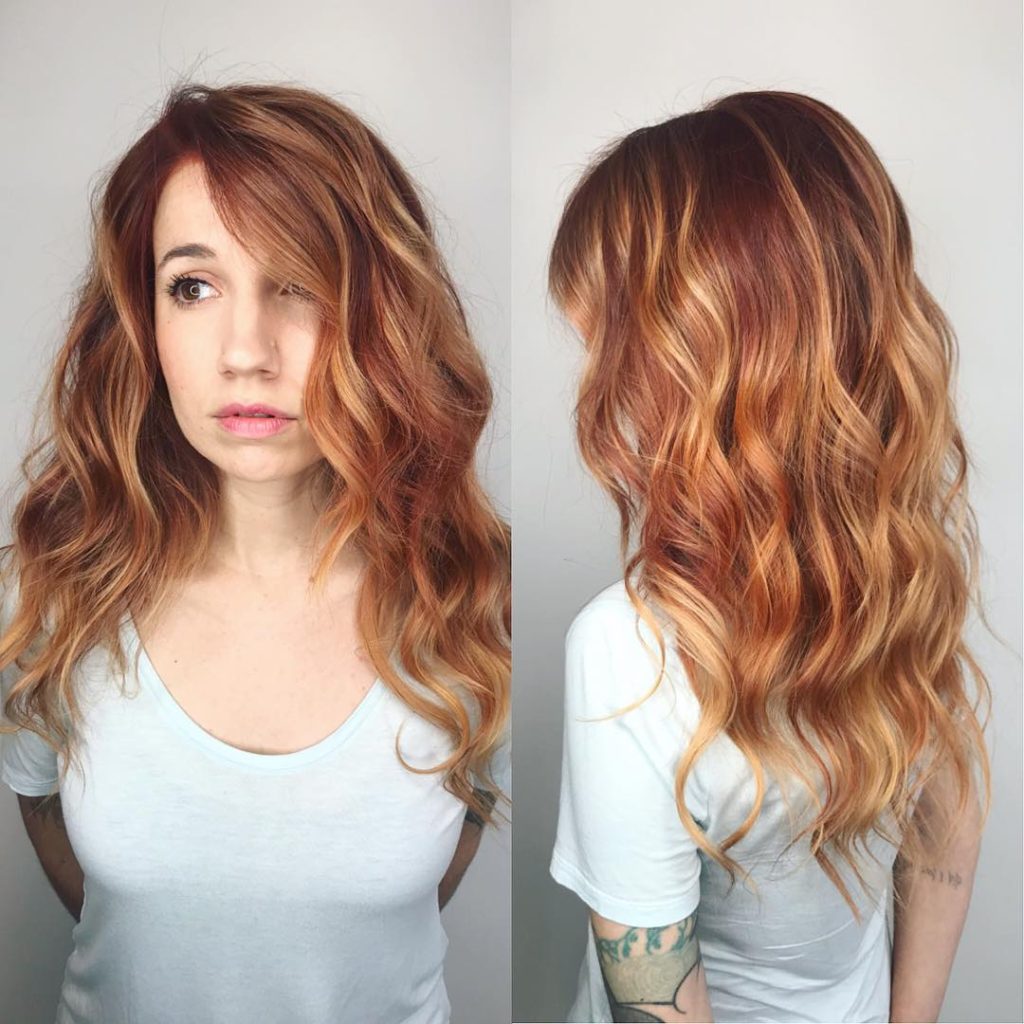 Soft Layered Cut with Textured Waves and Copper Balayage Long Hairstyle