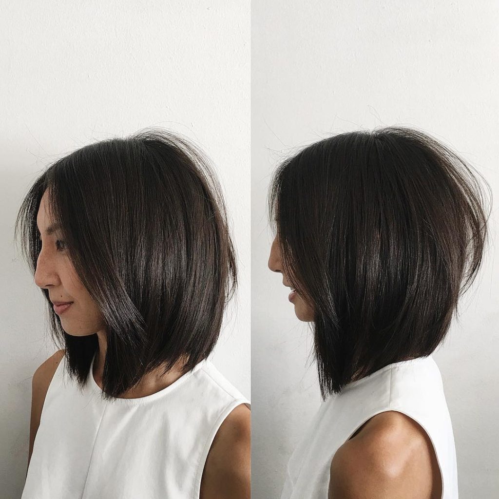 Soft Layered Bob with Curtain Part and Straight Texture Medium Length Hairstyle