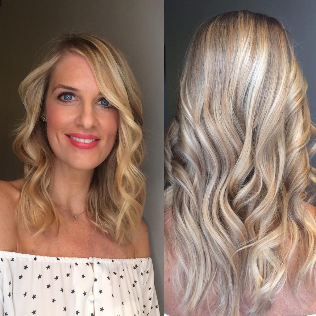 Soft Wavy Textured Cut with Short Layers and Blonde Colormelt Medium Length Hairstyle