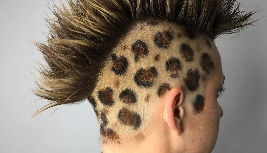 Spiked Messy Textured Mohawk with Hand Painted Brown Color and Leopard Spots Side Art Eccentric Punk Halloween Hairstyle