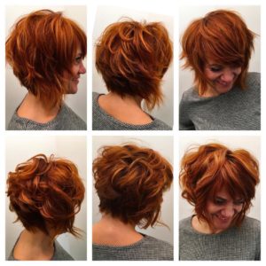 Stacked Angled Bob with Undone Shaggy Texture and Fiery Copper Red Color Short Hairstyle