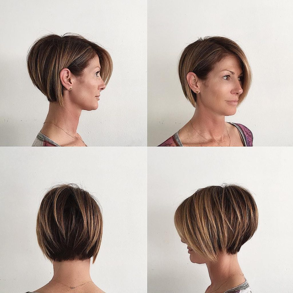 Stacked Layered Bob with Long Side Swept Bangs and Brunette Color with Highlights Short Hairstyle