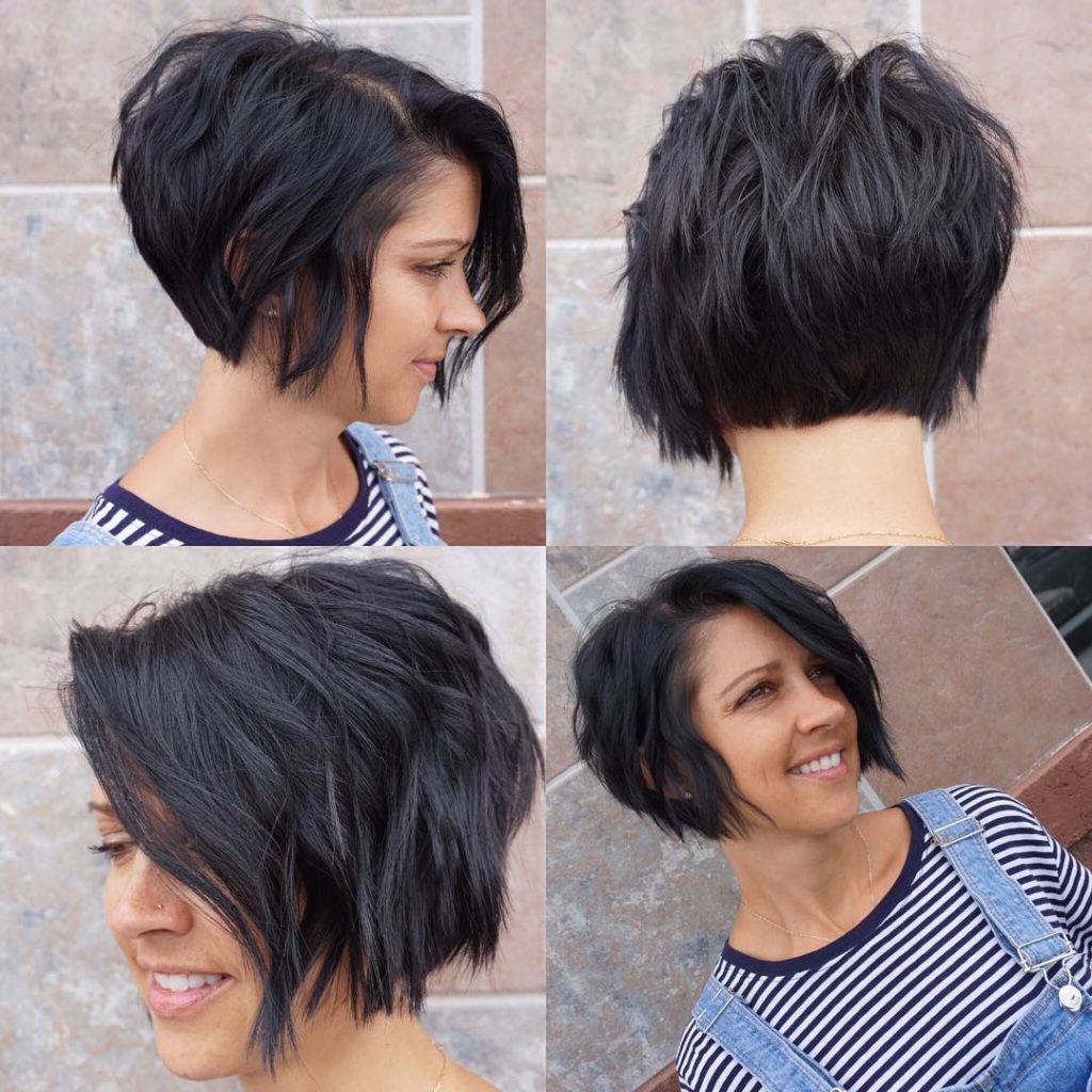 Stacked Textured Wavy Bob with Black Color Short Hairstyle