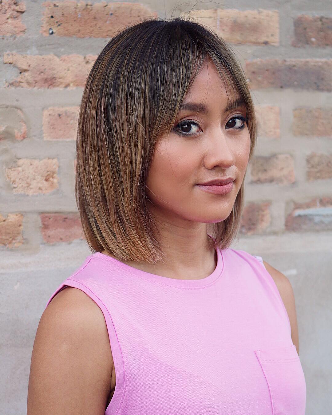 Straight Classic Lob with Curtain Bangs and Bronde Hair ...