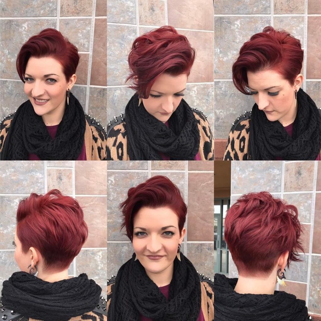 Stylish Burgundy Stacked Pixie with Long Textured Top Fringe Short Hairstyle