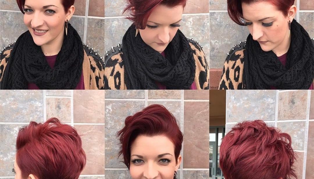 Stylish Burgundy Stacked Pixie with Long Textured Top Fringe Short Hairstyle