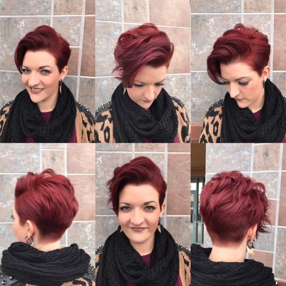 Stylish Burgundy Stacked Pixie with Long Textured Top Fringe