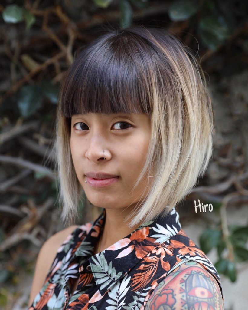 Textured Bob with Blunt Brow Skimming Bangs and Ombre Short Hairstyle