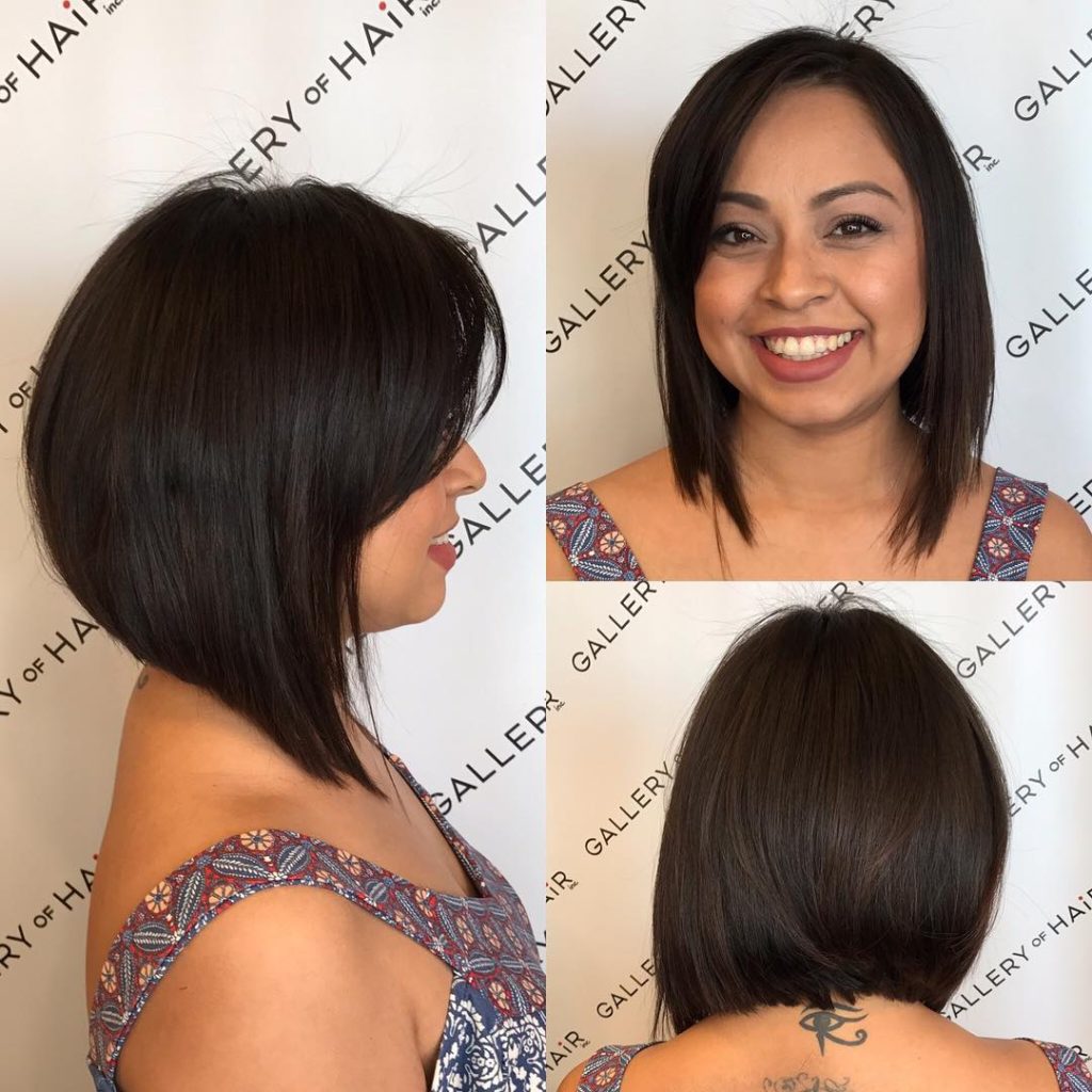 Textured Brunette A-line Bob with Side Swept Bangs Medium Length Hairstyle