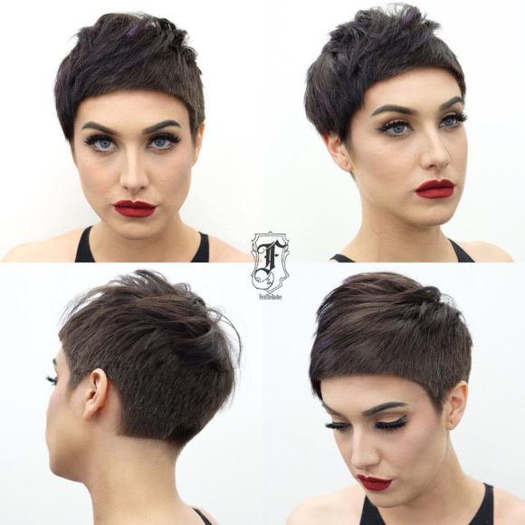 Textured Brunette Pixie with Blunt Lines and Top Fringe Lengths Short Hairstyle