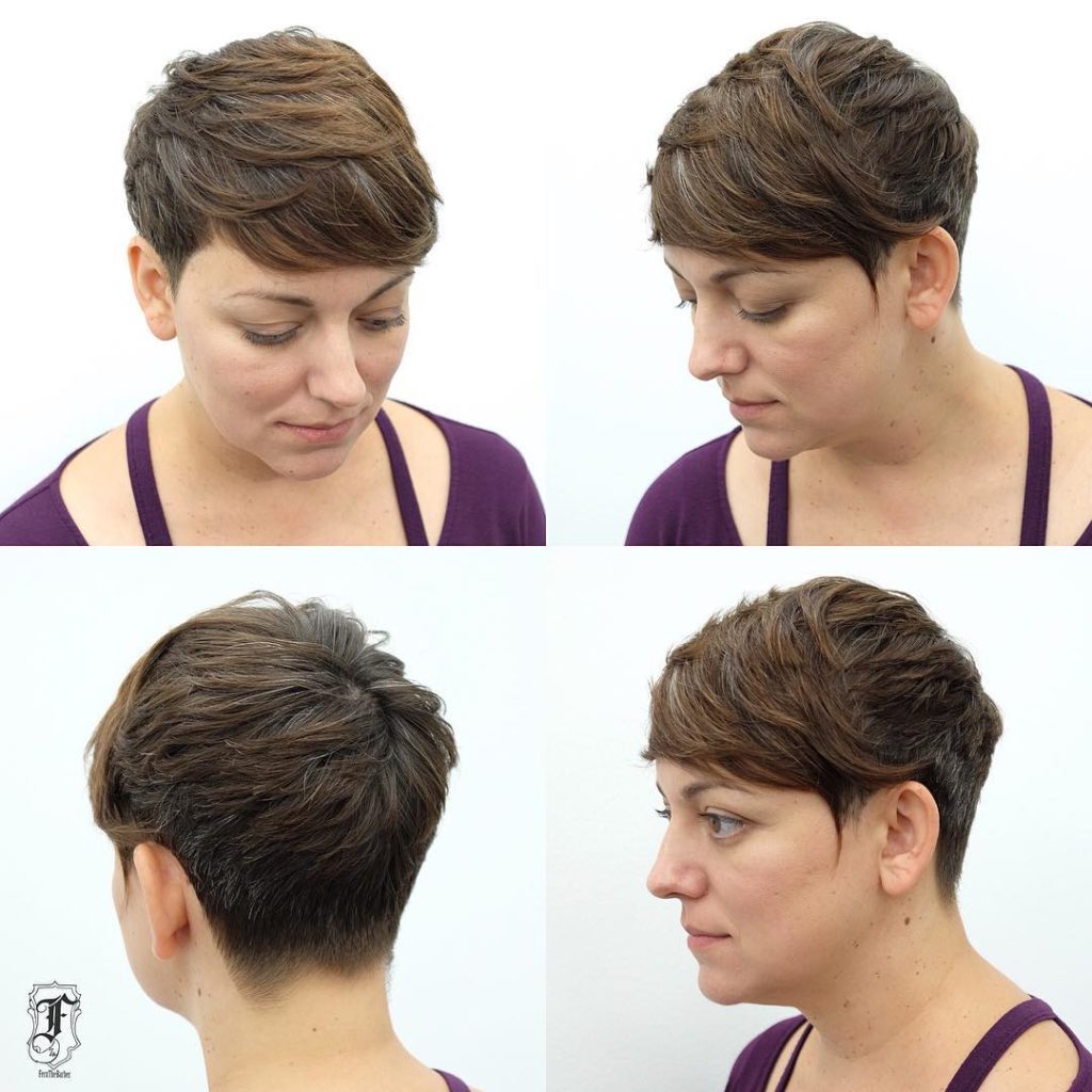 Textured Brunette Side Swept Pixie with Bangs and Highlights Short Hairstyle
