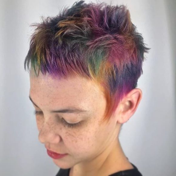 Textured Brushed Up Pixie with Micro Bangs and Rainbow Highlights Short Hairstyle