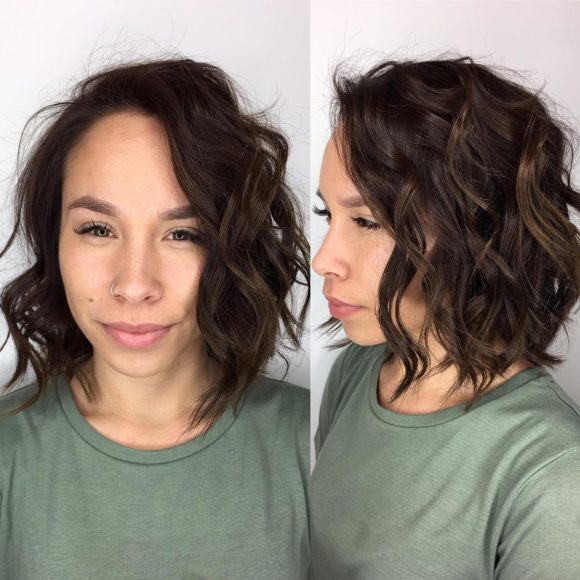Tousled Layered Bob with Textured Waves and Chocolate Brunette Color Medium Length Hairstyle