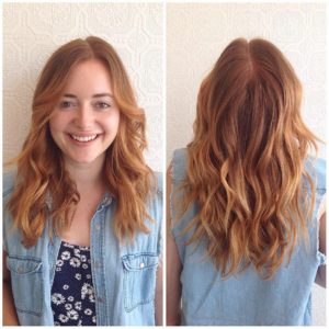 U-Cut Layered Lob with Tousled Wavy Texture and Subtle Copper Ombre Medium Length Hairstyle