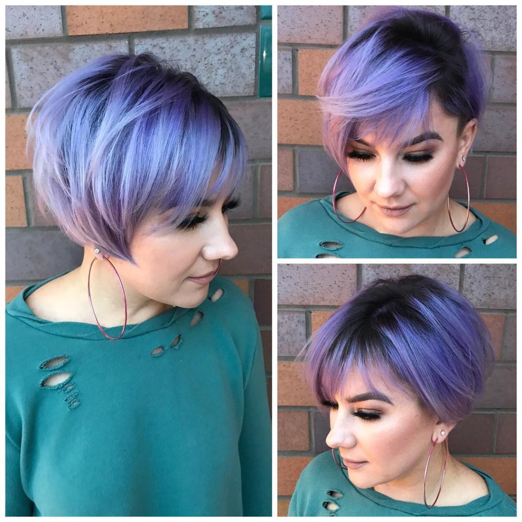 Undercut Pixie-Bob with Side Swept Bangs and Metallic Purple Color with Smokey Shadow Roots Short Hairstyle