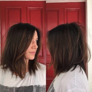 Undone Brunette Lob with Soft Layers and Highlights Medium Length Hairstyle