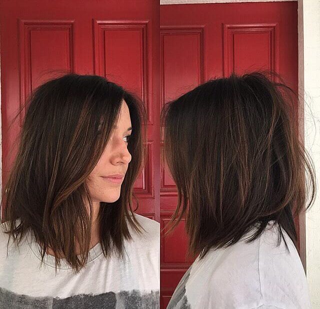 Undone Brunette Lob with Soft Layers and Highlights Medium Length Hairstyle