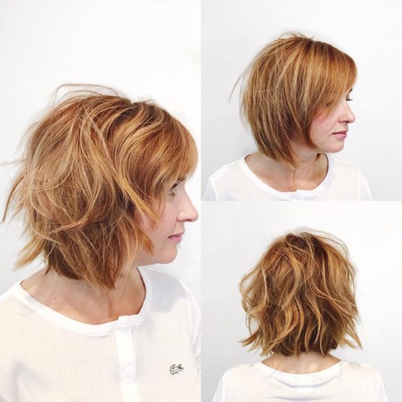 Undone Razor Cut Bob with Side Swept Bangs and Light Auburn Color with Highlights Medium Length Hairstyle