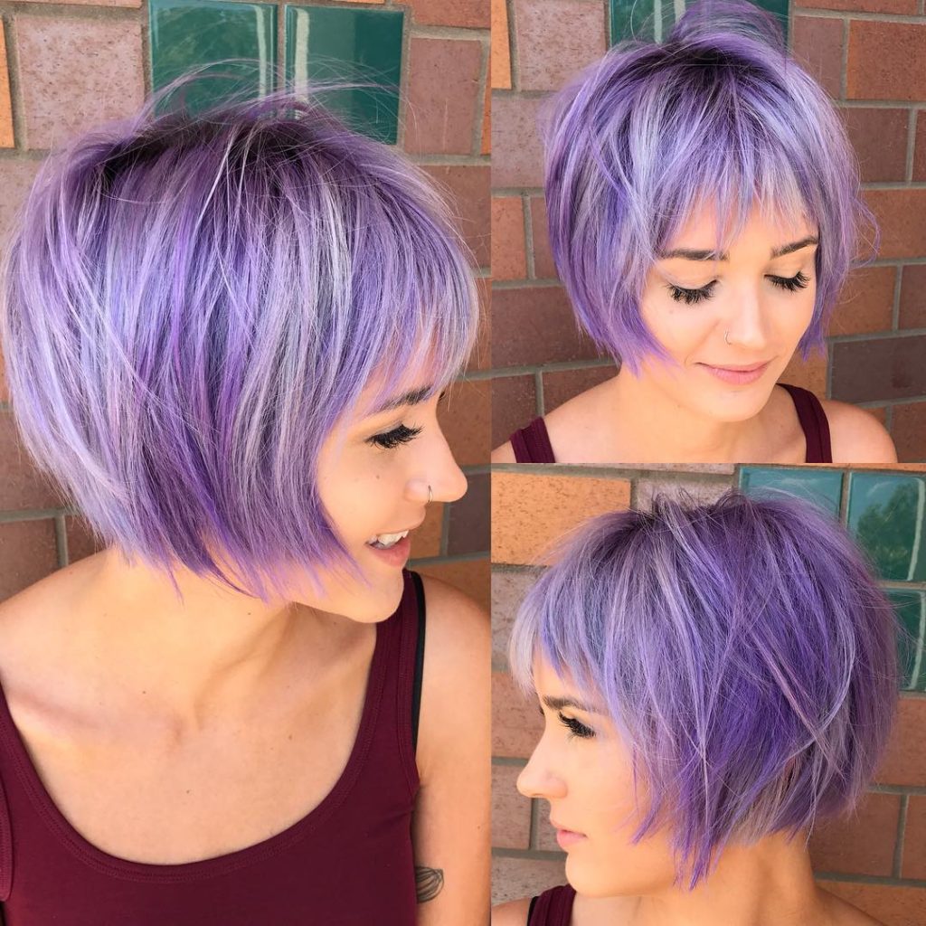 Undone Shaggy Bob with Fringe Bangs and Lilac Color with Silver Highlights Short Hairstyle