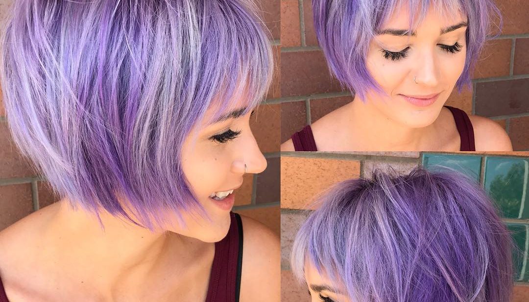 Undone Shaggy Bob with Fringe Bangs and Lilac Color with Silver Highlights Short Hairstyle