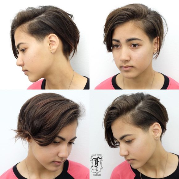 Undone Side Swept Pixie with Tapered Undercut and Brunette Color Short Hairstyle
