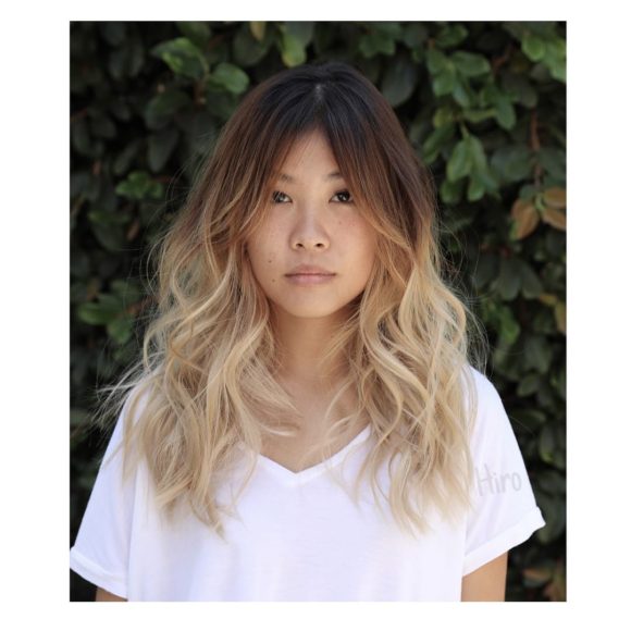 Undone Wavy Layered Cut with Curtained Fringe Bangs and Color Melt Ombre Long Hairstyle