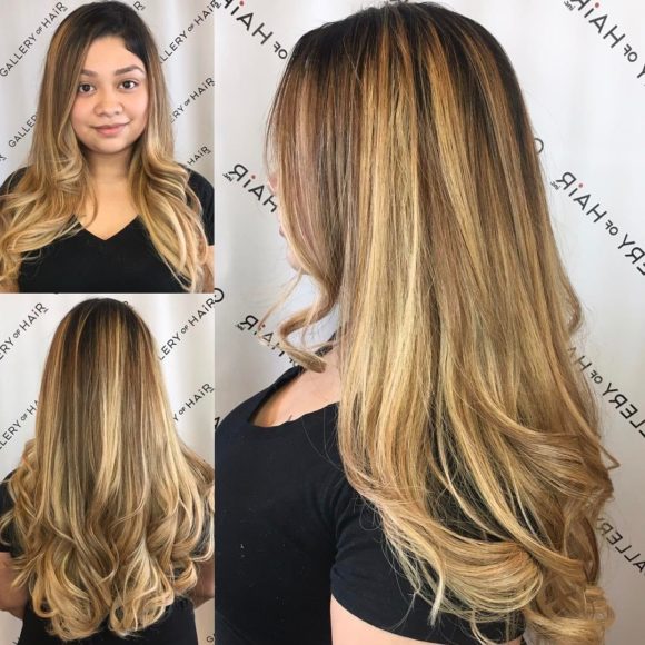 V Cut Layers Soft Waves and Bronde Color Melt Balayage Long Hairstyle