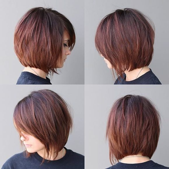 Warm Brunette Shaggy Bob with Fringe and Side Swept Bangs Short Hairstyle