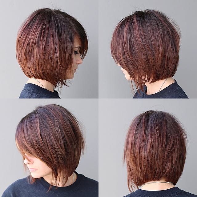 Warm Brunette Shaggy Bob with Fringe and Side Swept Bangs Short Hairstyle