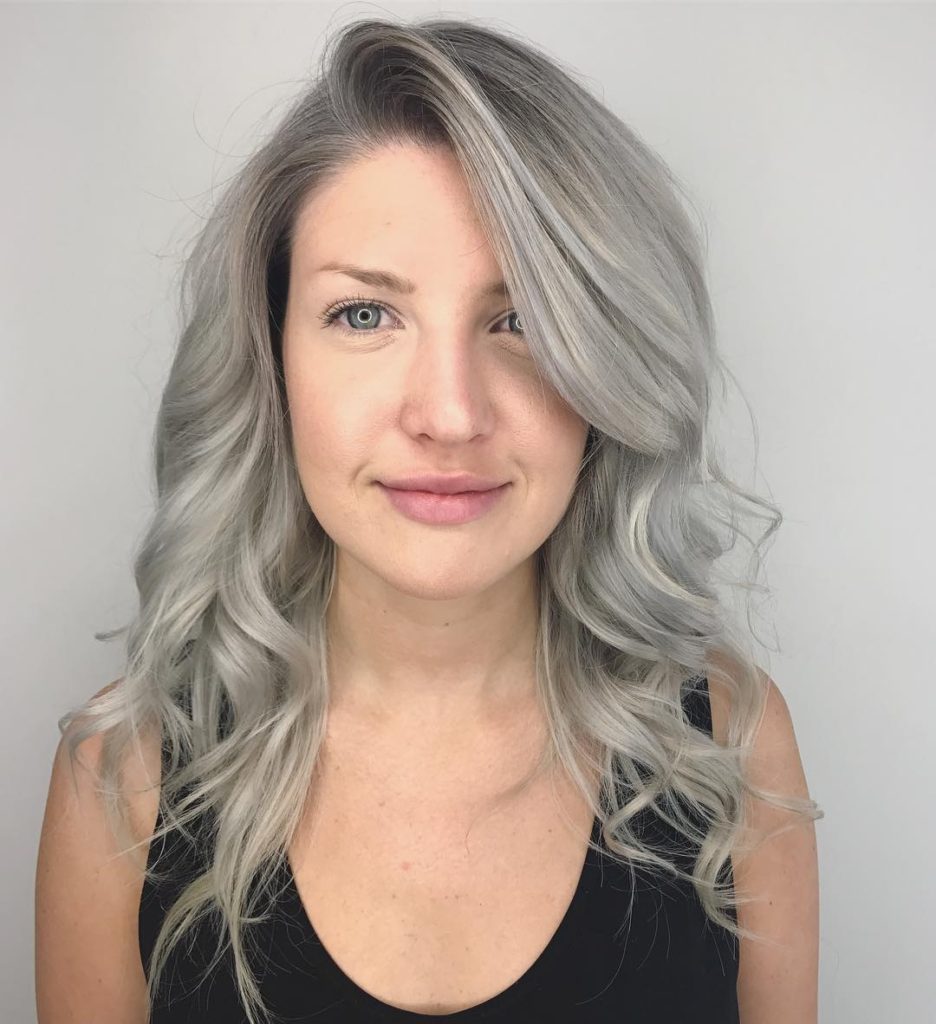Wavy Layered Cut with Long Side Swept Bangs and Grey Blend Color Long Hairstyle